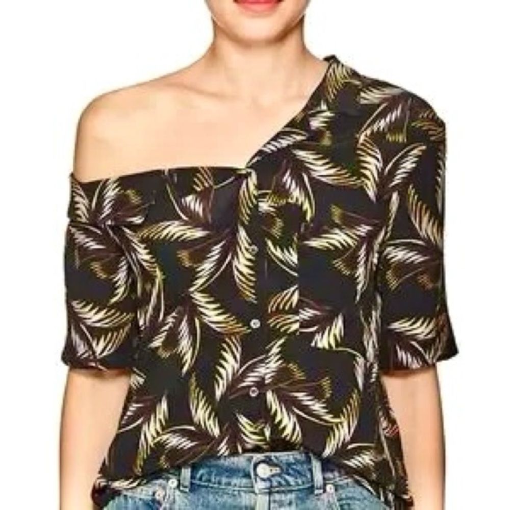 A.L.C. Josephine Pure Silk One-Shoulder Brown Tropical Print Women’s Blouse